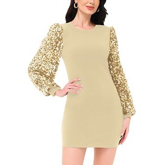 Women's Sequin Bishop Long Sleeve Round Neck Pullover Dress