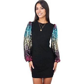 Women's Sequin Bishop Long Sleeve Round Neck Pullover Dress