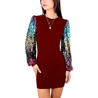 Women's Sequin Bishop Long Sleeve Round Neck Pullover Dress