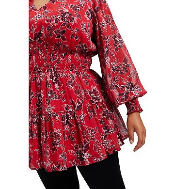 June & Vie Women's Plus Size Smocked Georgette Tunic