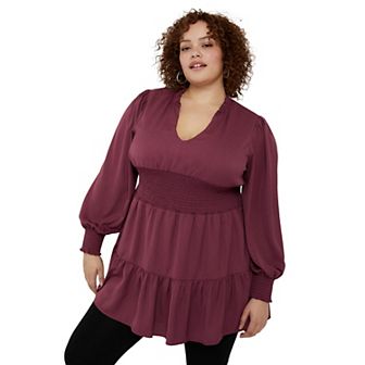 June + Vie Women's Plus Size Smocked Georgette Tunic