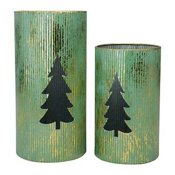 Northlight Set of 2 12" Rustic Green and Gold Christmas Tree Tabletop Lanterns