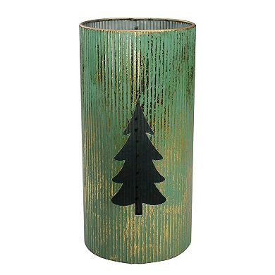 Northlight Set of 2 12" Rustic Green and Gold Christmas Tree Tabletop Lanterns