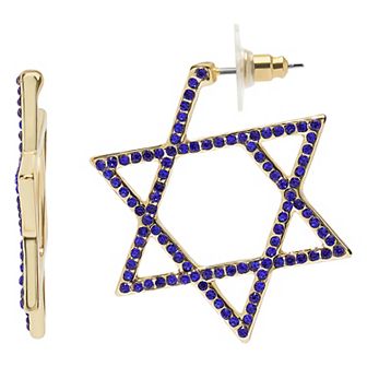 Gold Tone Blue Stone Star of David Hoop Earrings