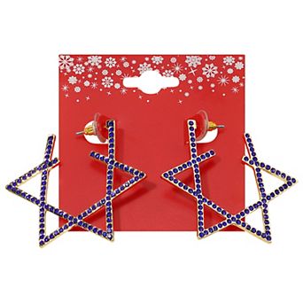 Gold Tone Blue Stone Star of David Hoop Earrings