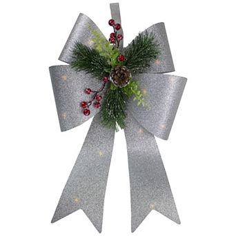 Northlight 19" LED Lighted Sliver Tinsel Bow Christmas Decoration