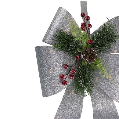 Northlight 19" LED Lighted Sliver Tinsel Bow Christmas Decoration