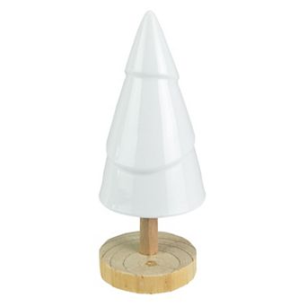 Northlight 10.5" White Ceramic Tree with Wood Base Christmas Decoration