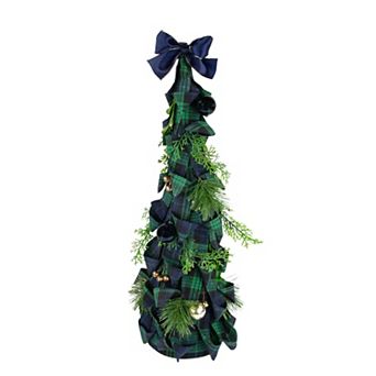Northlight 18" Green and Blue Plaid Ribbon Christmas Tabletop Cone Tree