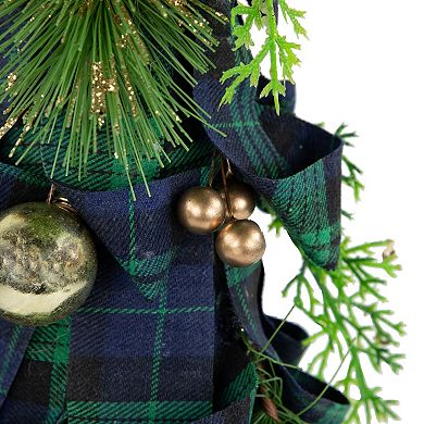 Northlight 18" Green and Blue Plaid Ribbon Christmas Tabletop Cone Tree