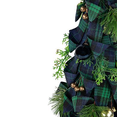 Northlight 18" Green and Blue Plaid Ribbon Christmas Tabletop Cone Tree