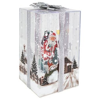 Northlight 12" Lighted and Musical Santa Snowing Gift Box with Silver Ribbon Christmas Decoration