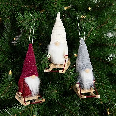 Northlight Set of 3 5.25" Plush Sledding Gnomes Christmas Ornaments