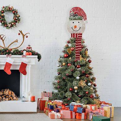 Northlight 22" Lighted Snowman Wearing a Red Frosted Hat with Pine Christmas Tree Topper