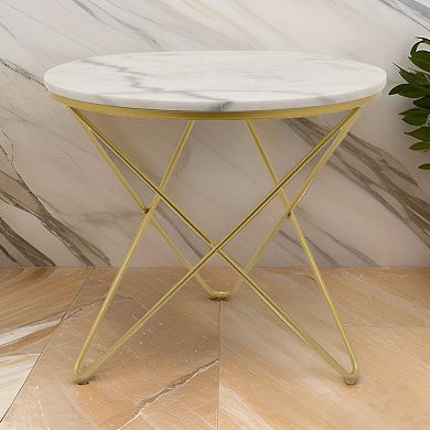 24 Inch Modern Plant Stand Side Table, Round Marble Display, Gold Metal