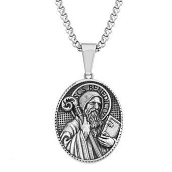 slate Men's Oxidized Stainless Steel St. Benedict Pendant Necklace