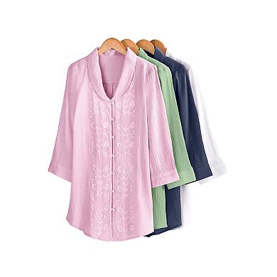 Woman Within Plus Size Textured Gauze Tunic With Shawl Collar