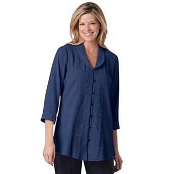 Woman Within Plus Size Textured Gauze Tunic With Shawl Collar