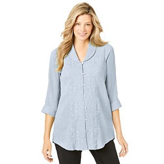 Woman Within Women's Plus Size Textured Gauze Tunic With Shawl Collar