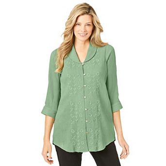 Woman Within Plus Size Textured Gauze Tunic With Shawl Collar