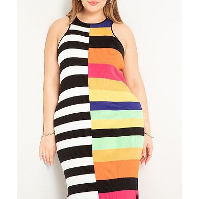 ELOQUII Women's Plus Size Mixed Stripe Ribbed Dress