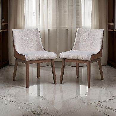 25 Inch Side Dining Chair Set Of 2, Wingback, White Boucle, Walnut Brown
