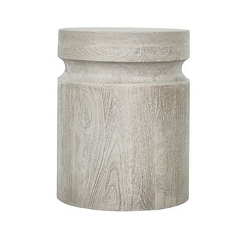 Kiv 18 Inch Side End Table, Round Mango Wood Top, Carved Accent Base, Gray