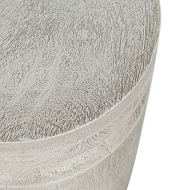 Kiv 18 Inch Side End Table, Round Mango Wood Top, Carved Accent Base, Gray