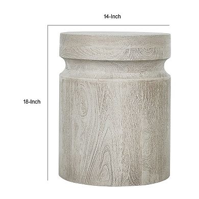 Kiv 18 Inch Side End Table, Round Mango Wood Top, Carved Accent Base, Gray