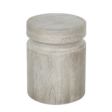 Kiv 18 Inch Side End Table, Round Mango Wood Top, Carved Accent Base, Gray