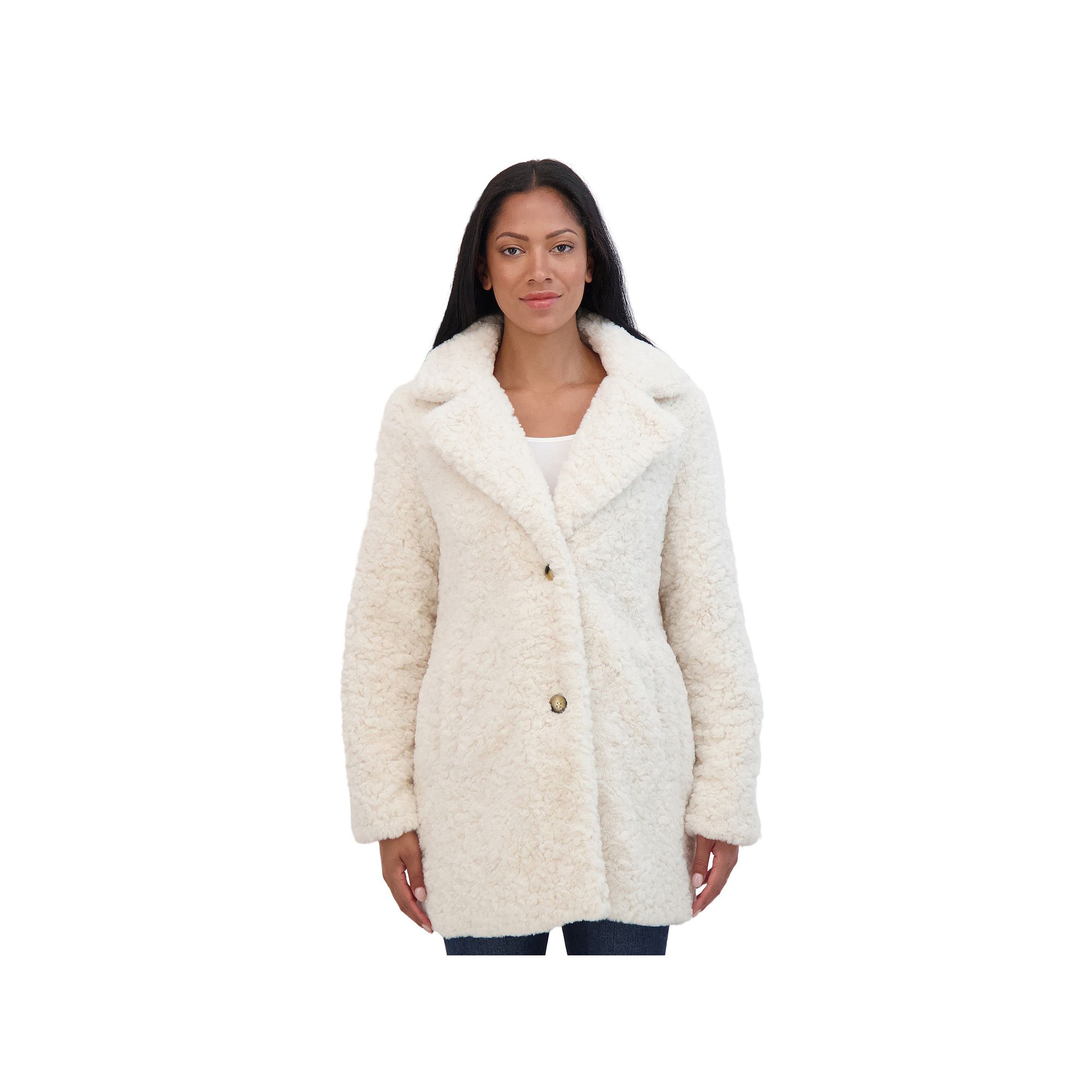 Womens Sebby Collection Crushed Faux Fur Walking Coat, Size: Large, Ivory