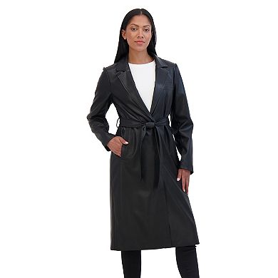 Women's Sebby Collection Long Snap Front Faux Leather Trench Coat