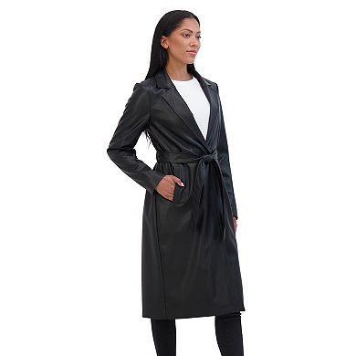 Women's Sebby Collection Long Snap Front Faux Leather Trench Coat