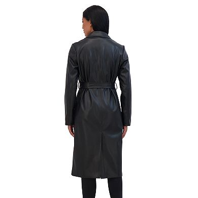 Women's Sebby Collection Long Snap Front Faux Leather Trench Coat