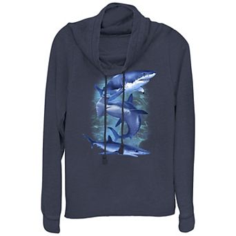 Juniors' Three Blue Sharks Cowlneck Graphic Lightweight Long Sleeve