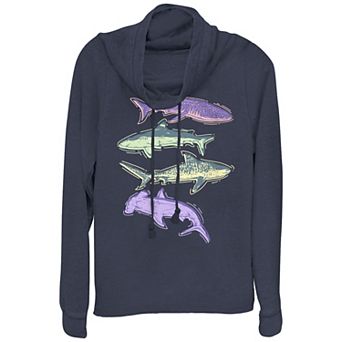 Juniors' Colorful Sharks Cowlneck Graphic Lightweight Long Sleeve