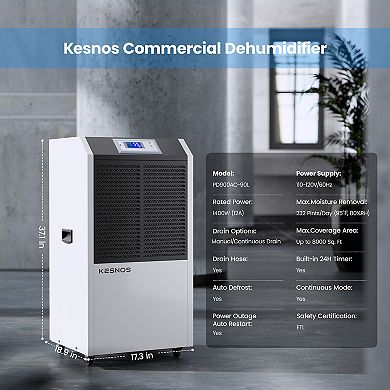 232 Pint Large Commercial Dehumidifier With 3.3ft Drain Hose For Space Up To 8,000 Sq. Ft