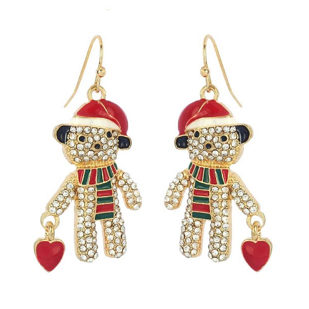 Celebrate Together Gold Tone Crystal Teddy Bear Santa Drop Earrings