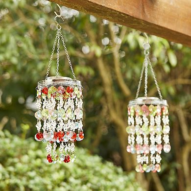 Glitzhome Set of 2 - 18.75"H Solar Lighted Multicolored Acrylic Jewel Beaded Wind Chime