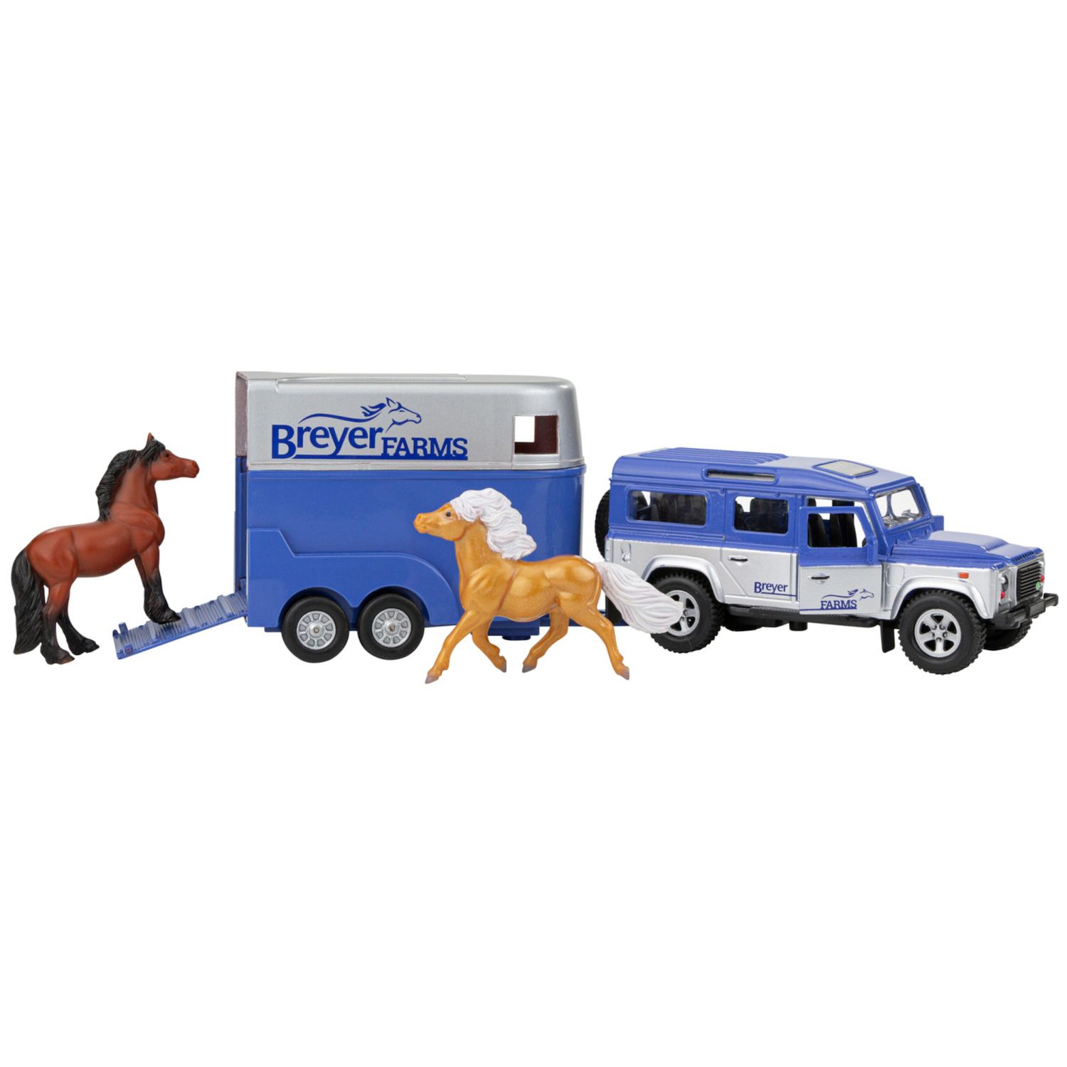 Детский игровой набор Breyer Horses - Breyer Farms Land Rover and Tag-a-Long Trailer Playset With 2 Stablemates Horses — фото 1