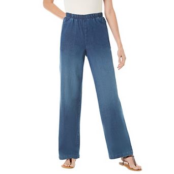 Woman Within Plus Size Fineline Stretch Denim Wide-Leg Pull-On Jeans