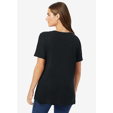 Woman Within Plus Size Waffle Thermal Satin Trim Tee