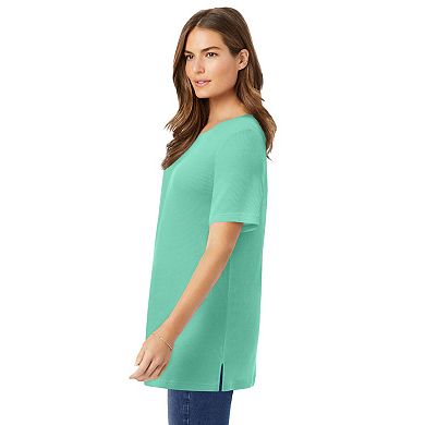 Woman Within Plus Size Waffle Thermal Satin Trim Tee