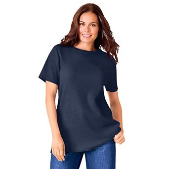 Woman Within Plus Size Waffle Thermal Satin Trim Tee