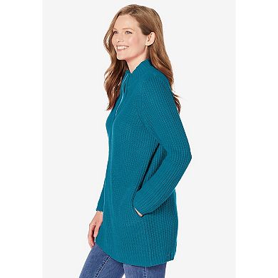 Woman Within Plus Size Zip Front Shaker Cardigan Sweater