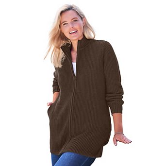 Woman Within Plus Size Zip Front Shaker Cardigan Sweater