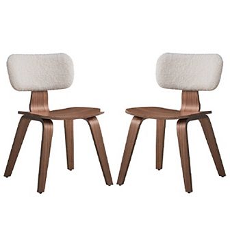 Aon 22 Inch Side Dining Chair Set Of 2, Curved, White Boucle, Walnut Brown