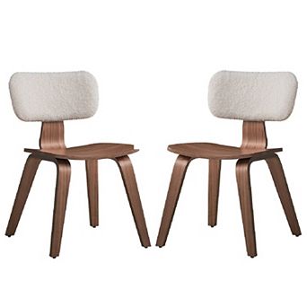 Aon 22 Inch Side Dining Chair Set Of 2, Curved, White Boucle, Walnut Brown