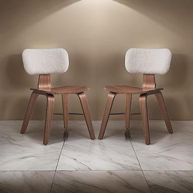 Aon 22 Inch Side Dining Chair Set Of 2, Curved, White Boucle, Walnut Brown