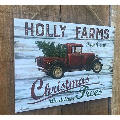 Cream White and Red Holly Farms Rectangular Sign with Rope Hanger 7" x 10"